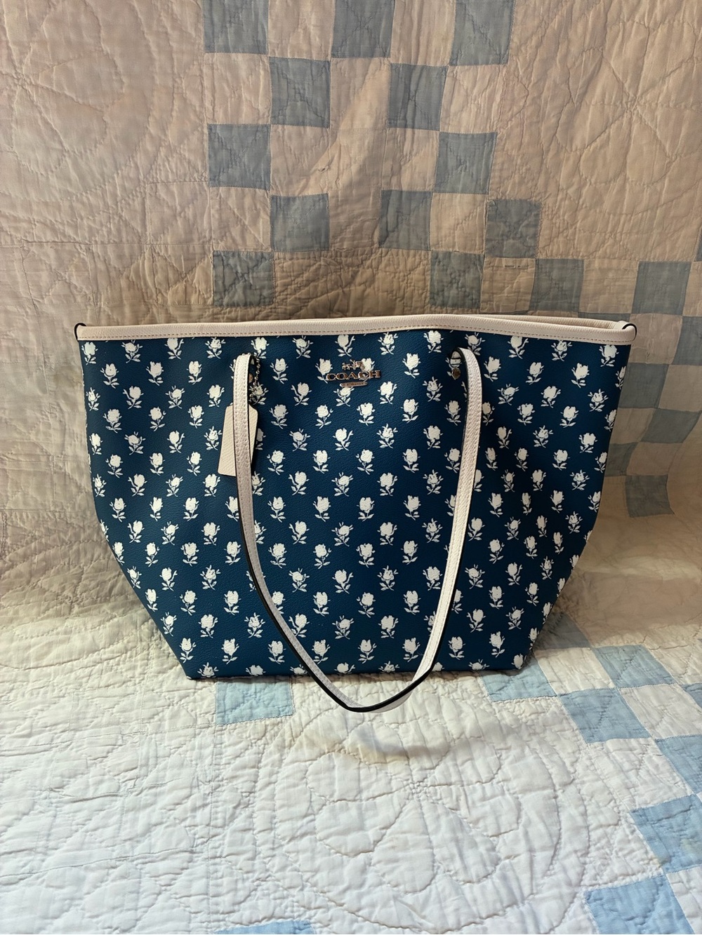 Coach Blue and white Floral badland tote with White Trim